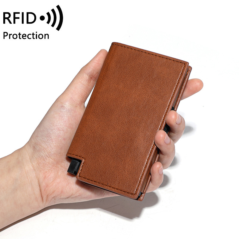 2025 nuevo cepillo antirrobo RFID multifuncional bolsa de tarjetas automática empuje hacia abajo tarjeta de bala billetera antimagnética bolsa de cartera pu transfronteriza