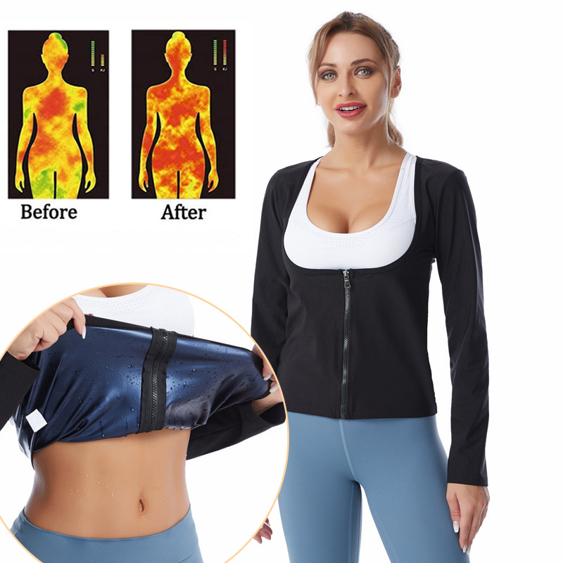 Traje de sudor transfronterizo Soporte del pecho de las mujeres cremallera ropa de entrenamiento de yoga deportes salud sauna sudor manga larga ropa de conformación del cuerpo europeo y americano