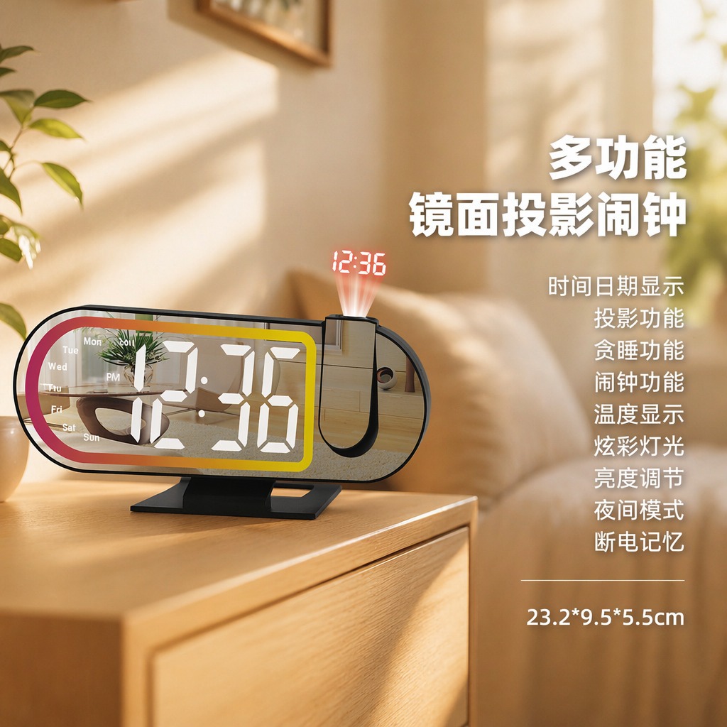 多功能电子钟（镜面显示+投影灯）黑壳白字3827lp