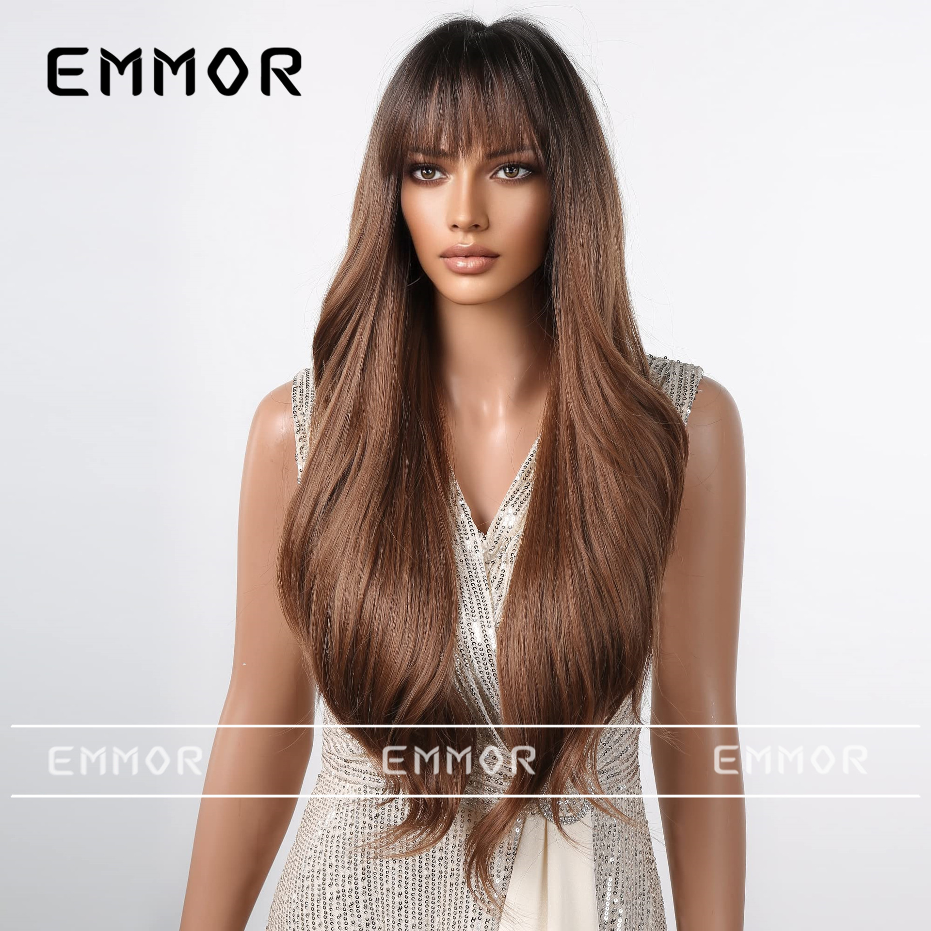 Estilo europeo y americano estilo clásico peluca para las mujeres nuevo estilo flequillo Pelo Largo fuera rizado temperamento moda todo superior fibra química peluca