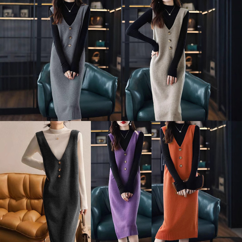 [in Stock] Cross-Border Knitted Women's Clothing 2026 Spring New Solid Color Mid-Length Vest Dress Elegant and Graceful