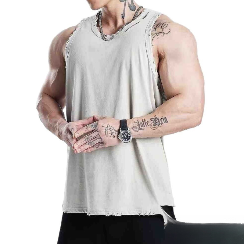 War-Damaged Style Vest for Fitness Training, Men's Ripped Sleeveless Tank Top, American-Style Sports Undershirt, Loose Quick-Dry Short-Sleeve Shirt with Free Shipping War-Damaged Style Vest for Fitness Training, Men's Ripped Sleeveless Tank Top, American-Style Sports Undershirt, Loose Quick-Dry Short-Sleeve Shirt with Free Shipping