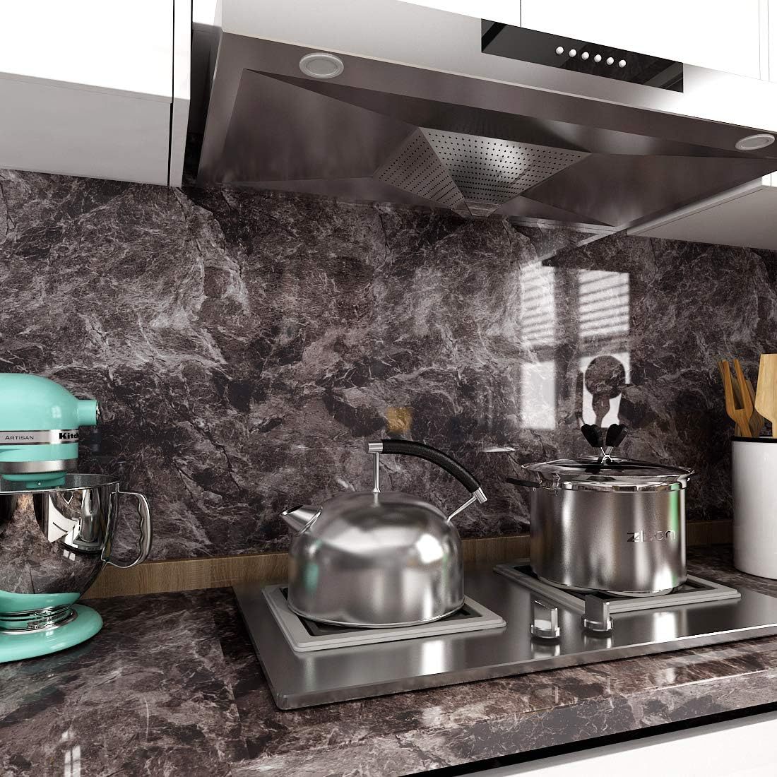 Dunkelschwarze Sandsteintapete zum Abziehen und Aufkleben, Marmor, wasserfest, für Arbeitsplatten, Kontaktpapier, Küchenschränke_voghion.com