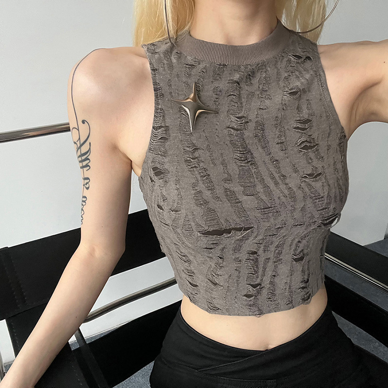 Cross-Border European and American Clothing 2025 Amazon Summer New Solid Color Street Fashion Sleeveless Frosted Navel Vest for Women