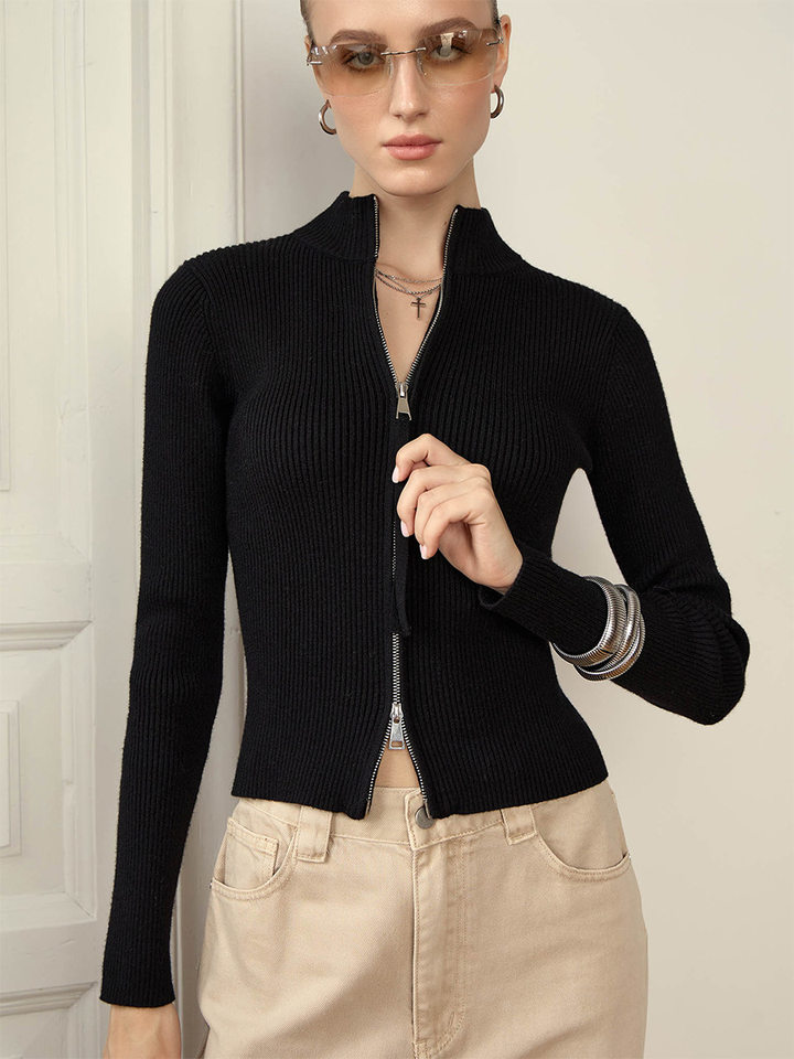 Áo cardigan len dệt kim cổ đứng, tay dài, khóa kéo đôi, dáng ôm ngắn — trắng, đen chi tiết 20