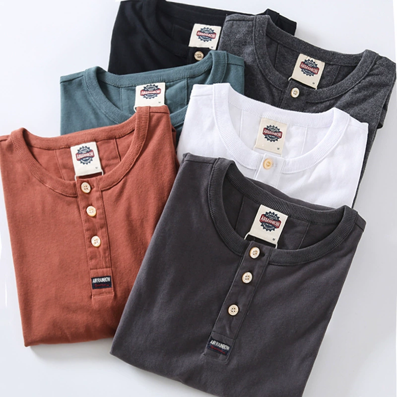 100% хлопок классический ретро воротник Генри пуговицы американская дверь трубчатый воротник с длинными рукавами весна-осень хлопковая Футболка Нижняя рубашка Топ