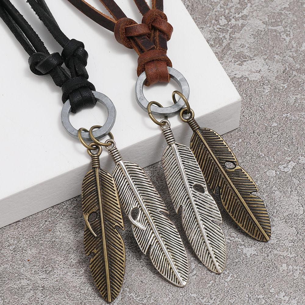 hip-hop retro alloy feather adjustable necklace
