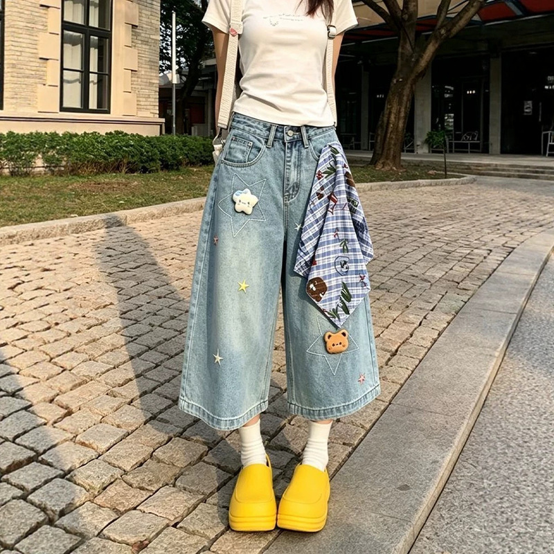 American-style women's summer loose denim capri pants, thin wide-leg denim pants for women American-style women's summer loose denim capri pants, thin wide-leg denim pants for women