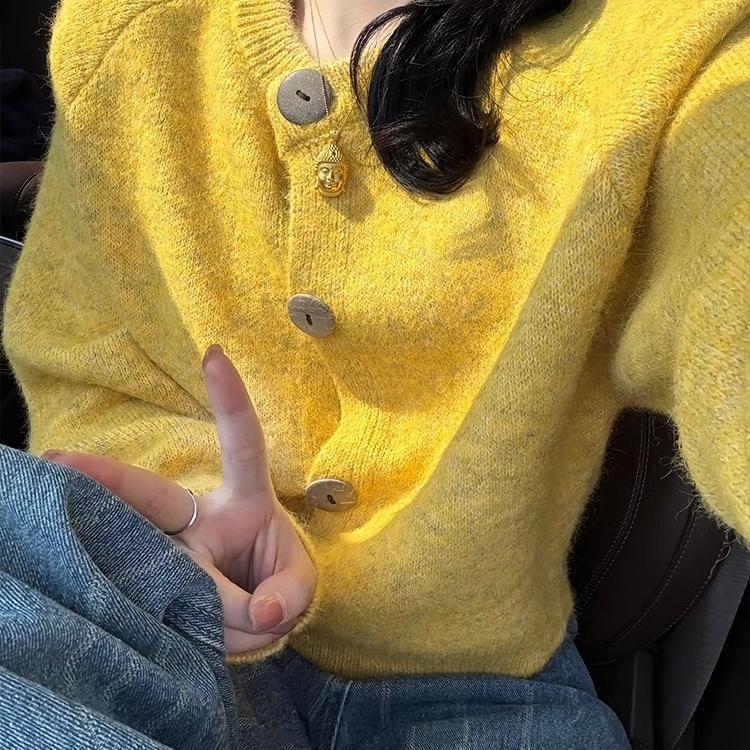 高级感小众慵懒风针织开衫春秋新款宽松小个子别致软糯黄色外套女|undefined