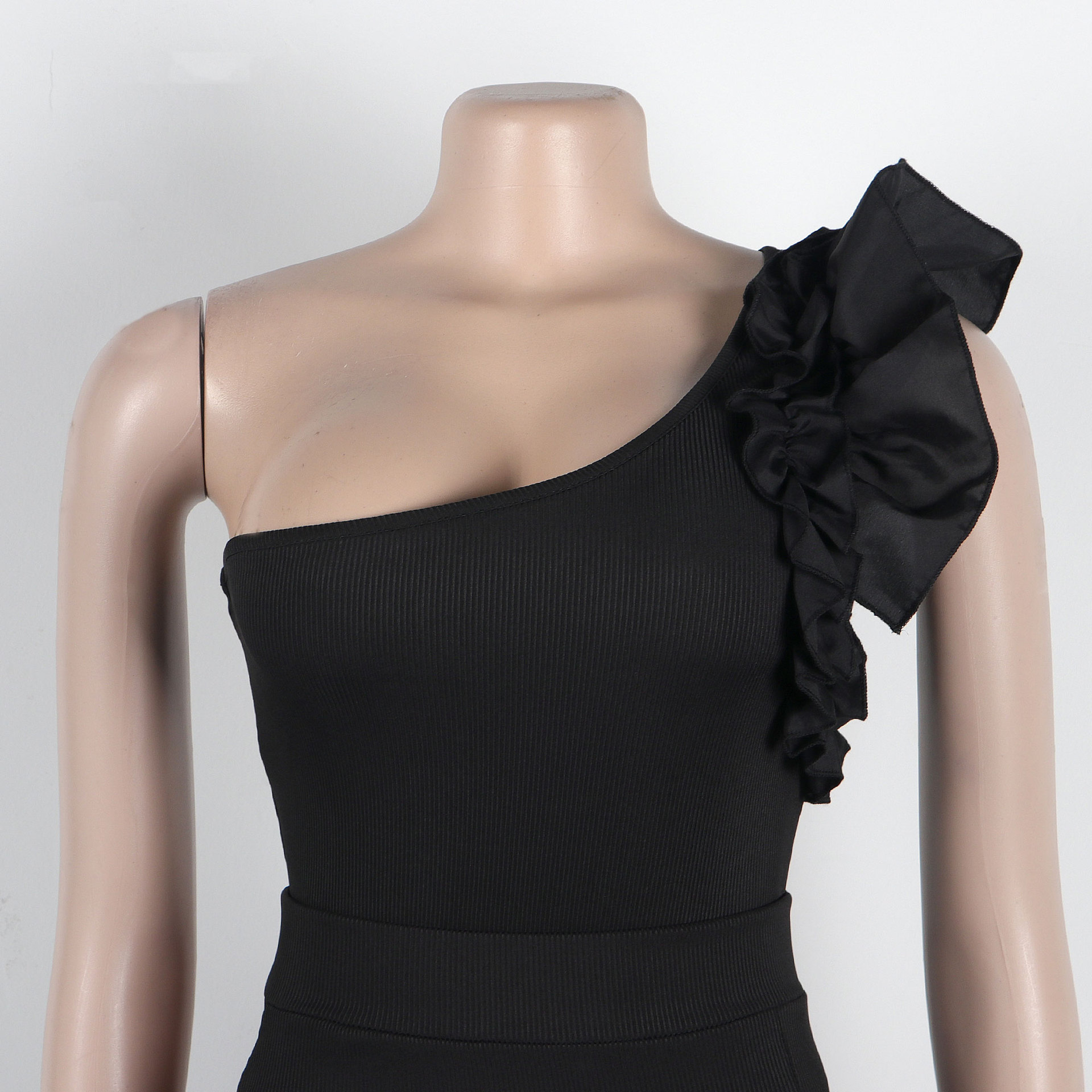 362g Weight Sleeveless Sleeve Length Polyester Fabric Type Skirt Co-ord Set Sets Type 2 Pieces Set Quantity Holiday Occasion One Shoulder Neckline Slim Fit Type Solid Color Pattern Summer Season Women's Gender Frill Design Elegant Style Holiday Women's Elegant Solid Color Polyester Frill Skirt Co-ord Set Skirt Sets 43