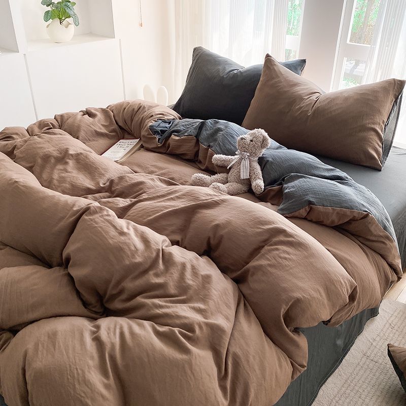 A类水洗棉四件套床单被套ins双人床上简约色单人学生素色三件套