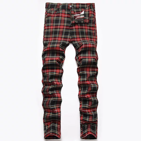 2026 New Men's Casual Pants American Style Elastic Plaid Long Pants Cross-Border Slim Straight Pants Men's Pants