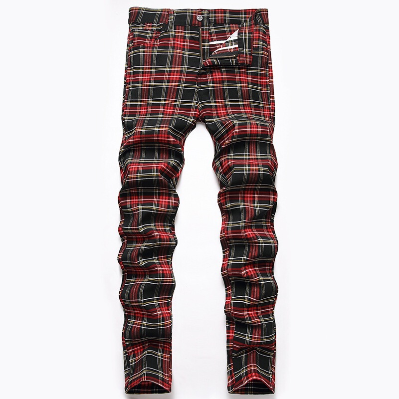 2026 New Men's Casual Pants American Style Elastic Plaid Long Pants Cross-Border Slim Straight Pants Men's Pants