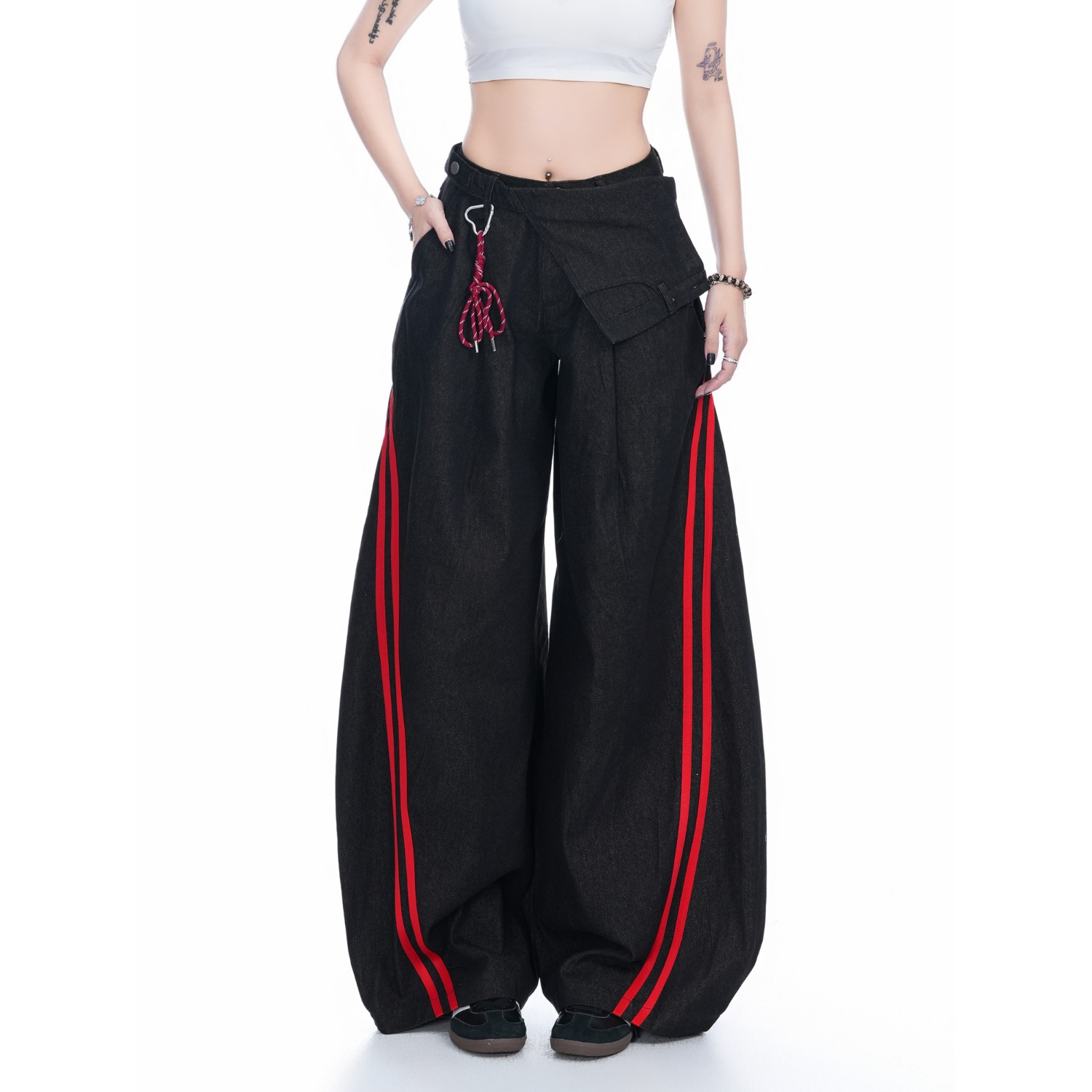 Small球球 原创美式复古侧边条纹撞色弯刀裤牛仔阔腿裤女拖地长裤