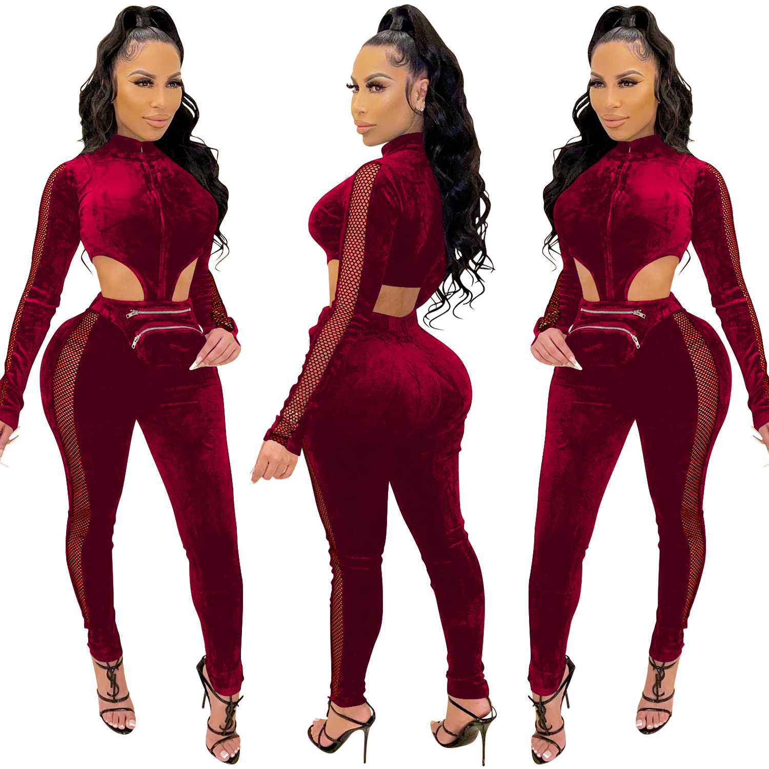 Velet See-Through Zipper Long-Sleeved Hollow Jumpsuit NSFYZ113206