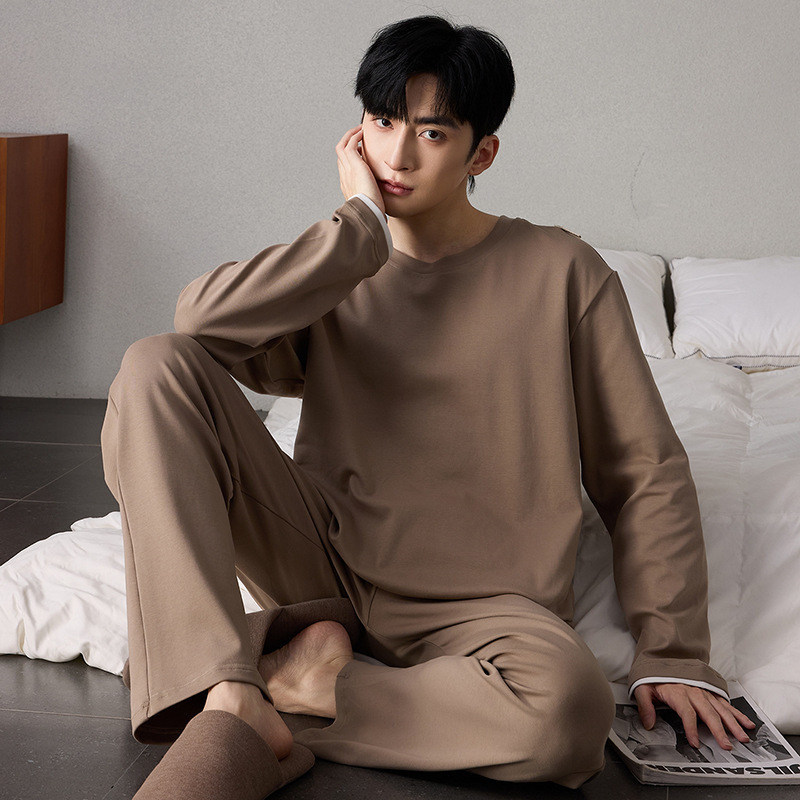 Teenage Boys' Pajamas Autumn Imitation Cotton Round Neck Pullover Long-Sleeved Trousers Casual Men's Loose Home Wear Set Teenage Boys' Pajamas Autumn Imitation Cotton Round Neck Pullover Long-Sleeved Trousers Casual Men's Loose Home Wear Set