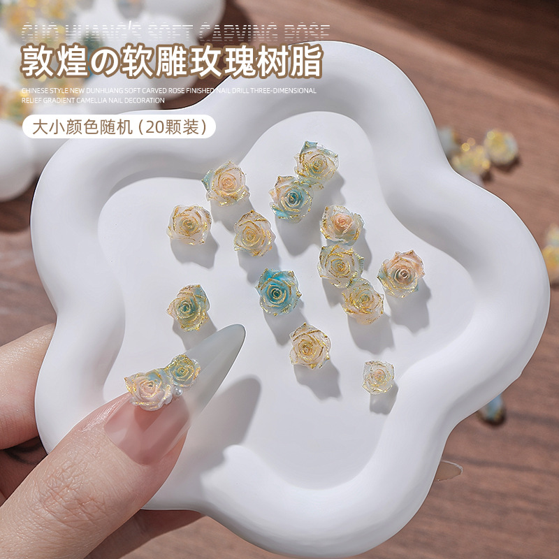 Tide nuevo estilo nacional Dunhuang rosa suave tallada productos acabados de uñas rosas rosas graduadas camellia decoración de uñas