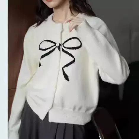 韩系小个子甜美清新撞色针织衫绵羊毛蝴蝶结开衫外套秋冬毛衣女