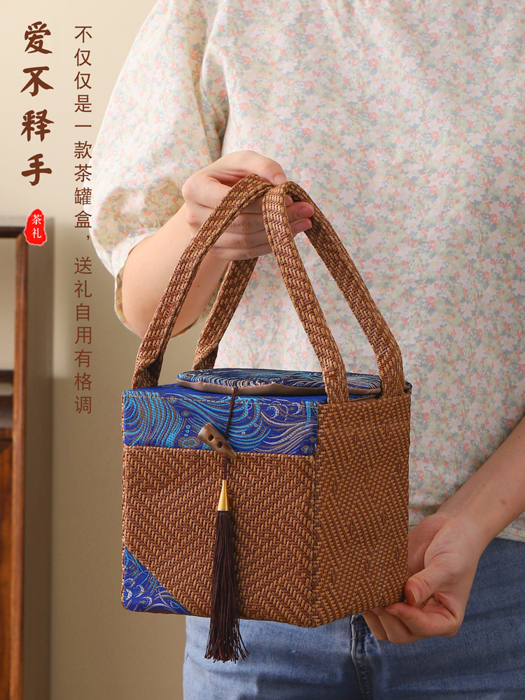 復古藤編布包陶瓷茶葉密封罐大號半斤裝紅綠茶碧螺春包裝禮盒