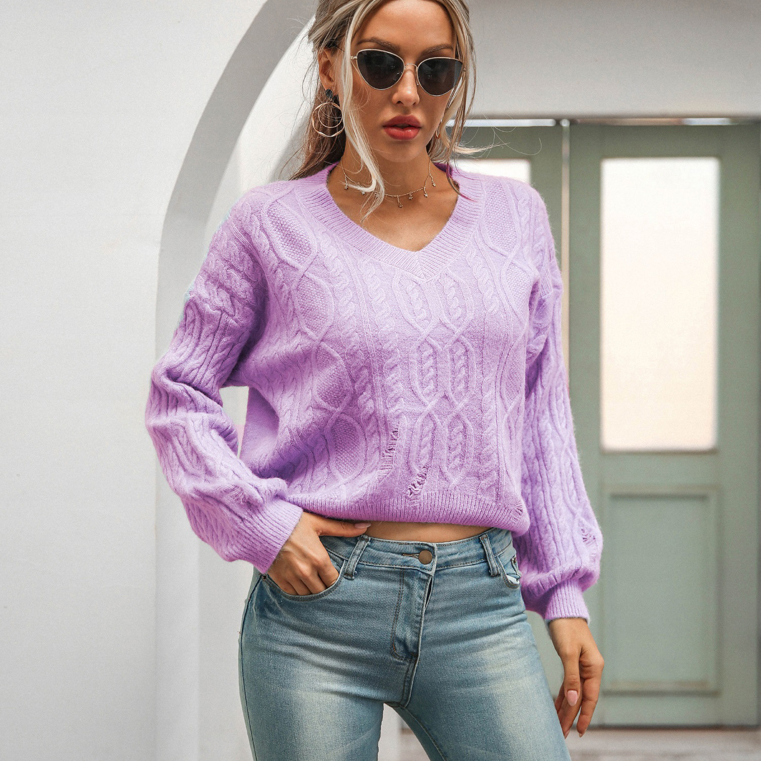 women s loose V-neck pullover long-sleeved twist sweater nihaostyles clothing wholesale NSBY76603