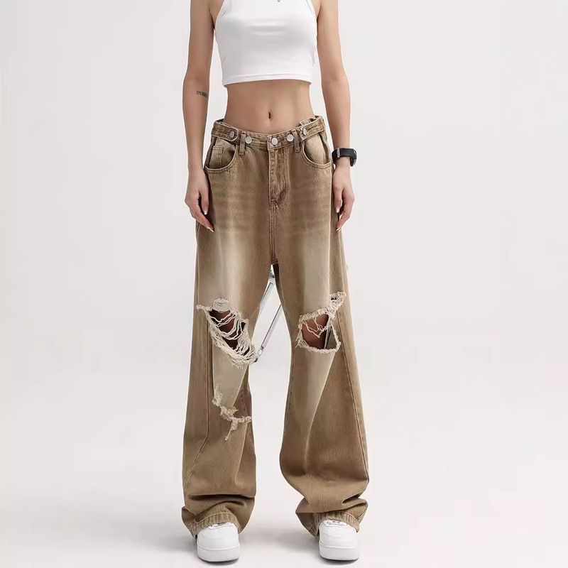 American-style High Street Ripped Jeans Men's and Women's Spring Straight Loose Low-waist Wide-leg Pants Retro Wash Water Used Pants
