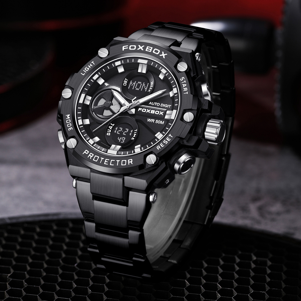 FOXBOX / clásico hombre doble pantalla multifunción reloj de despertador impermeable luz nocturna de moda reloj de pulsera de correa de acero