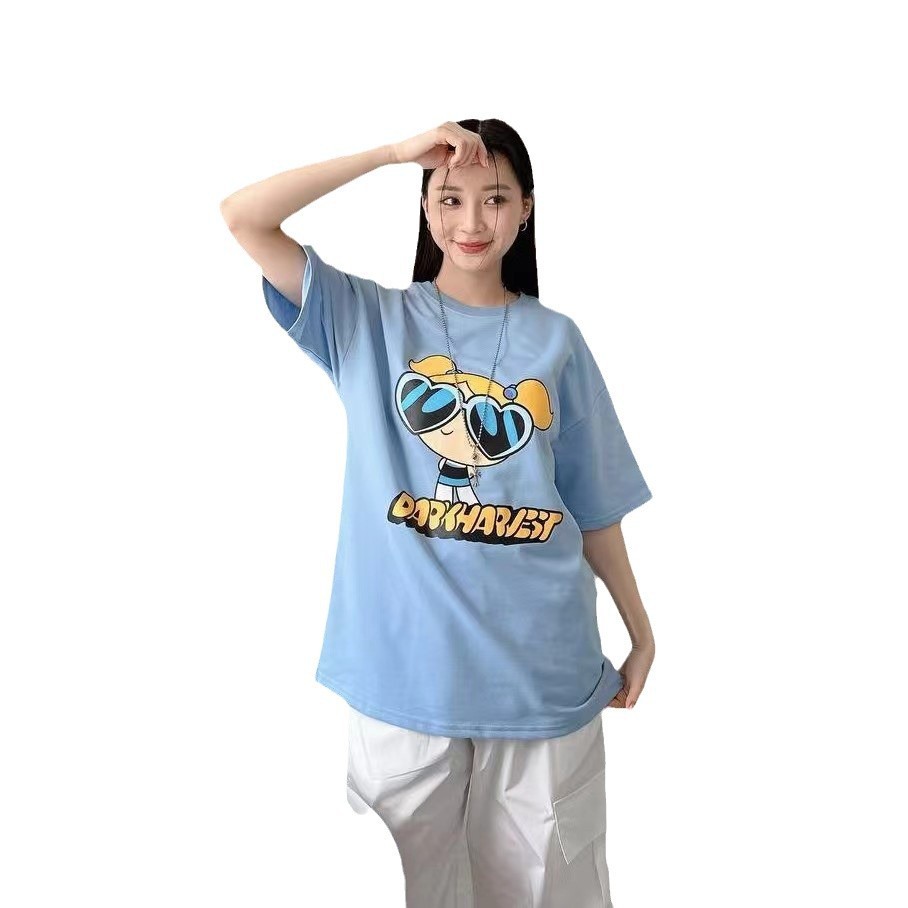 순수 코튼 백 백 칼라 여름 새로운 미국 하이 스트리트 만화 애니메이션 인쇄 라운드 넥 짧은 소매 티셔츠 커플 도매