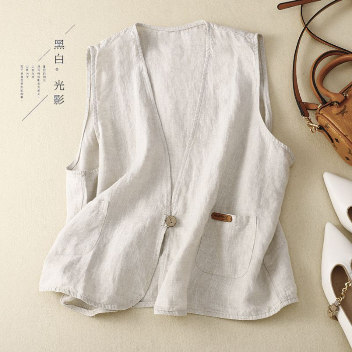 Casual estilo japonés chaleco de lino de verano delgado suelto chaleco de botón de cuello en V simple chaleco protector solar image 6