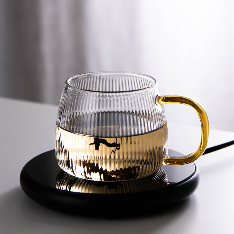 Vaso de vidrio con rayas verticales estilo japonés con asa, taza de agua de fondo plano apta para estufa eléctrica de cerámica, vidrio de borosilicato alto resistente a altas temperaturas