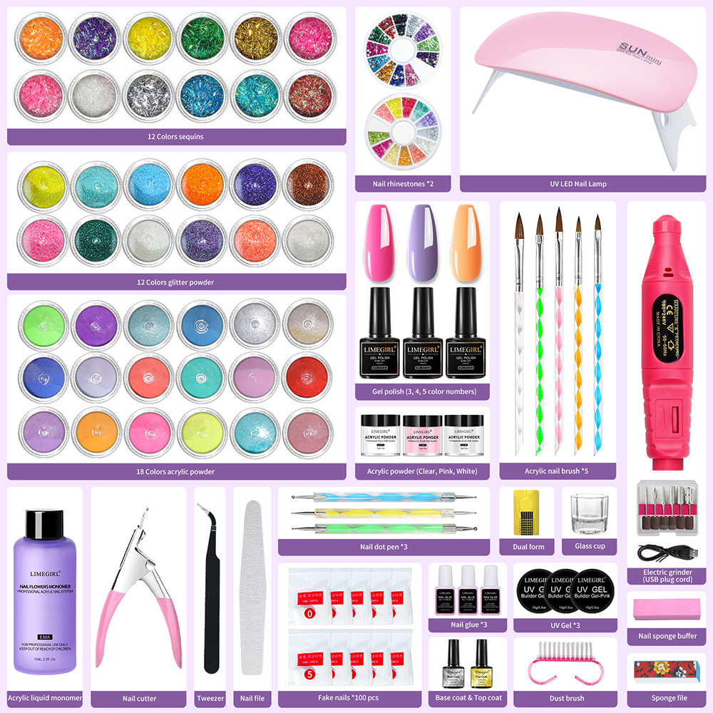 Juego de polvo de cristal para manicura transfronterizo, herramientas de manicura, lámpara de fototerapia, juego completo de suministros de joyería, venta al por mayor.