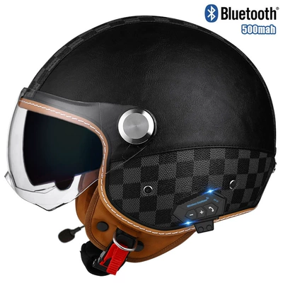 Motosiklet kaskı (dəbilqə) – retro leather helmet motorcycle bluetooth - checkerboard-black-short-outside-and-tea-insidebluetooth-m