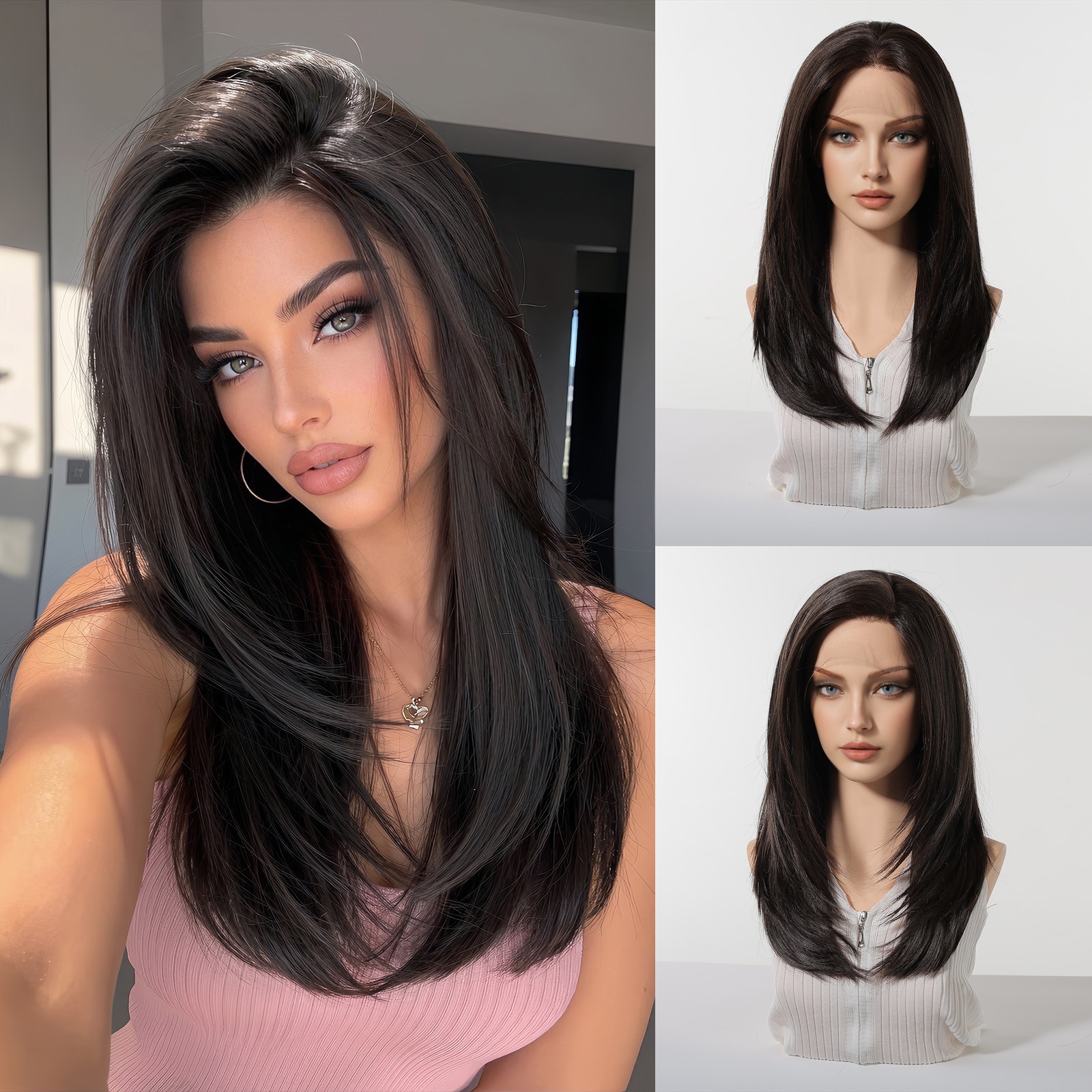 Peluca de encaje transfronteriza 13*6HD de gran superficie con raya al medio, cabello largo y liso negro-marrón, peluca de encaje completa de moda.