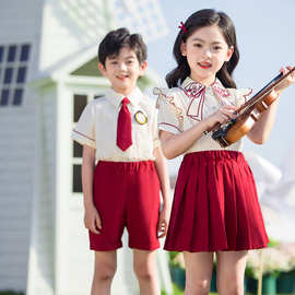 中小儿童学院风六一表演园服英伦红短裤短裙男女款式套装