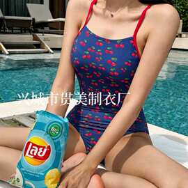 2024新款小清新少女樱桃连体泳游泳衣露背高开叉健身度假温泉泳装