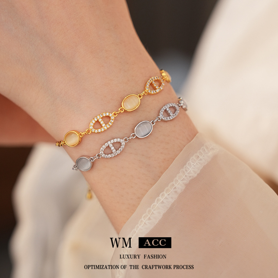 Brazalete de nariz de cerdo de piedra de diamante oval ojo de gato 2025, nuevo nicho de pulsera de alta calidad, joyería de moda versátil