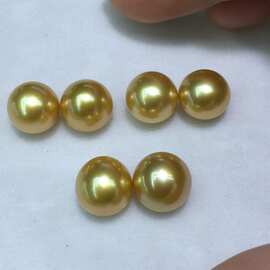 天然海水浓金金珠10-11近圆强光，配18k金图片耳勾成品做好不退换