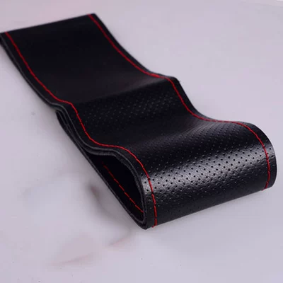 Manufacturer Wholesale Genuine Cowhide Hand-Stitched Steering Wheel Cover Water-Soft Leather Laser Perforated Genuine Leather Perforated Steering Wheel Cover Car (Steering wheel cover) - perforated-black-leather-and-red-line-38cm