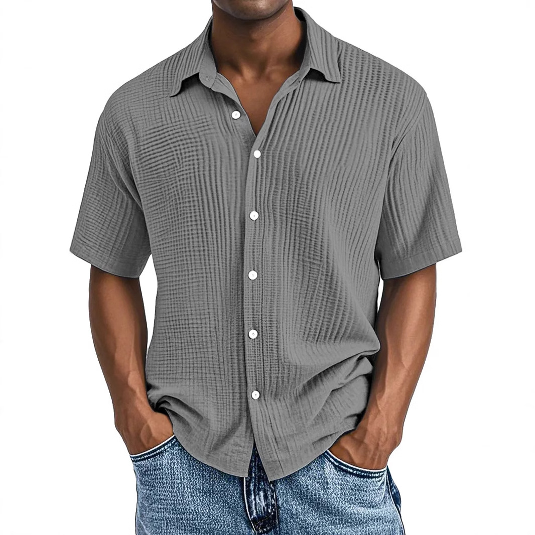2025-Spring and Summer European and American Amazon Independent Station Men's Short-Sleeved Lapel Shirt Double-Layer Wrinkle Casual Shirt