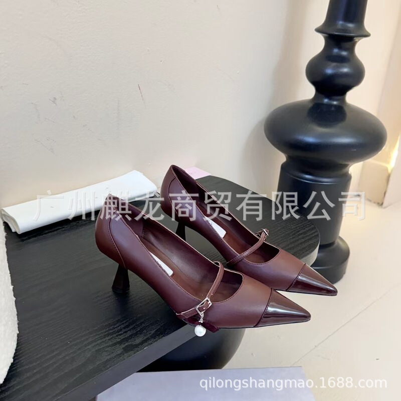 高端2025新款真皮尖头拼色浅口仙女风一字带高跟鞋时尚气质单鞋女|undefined