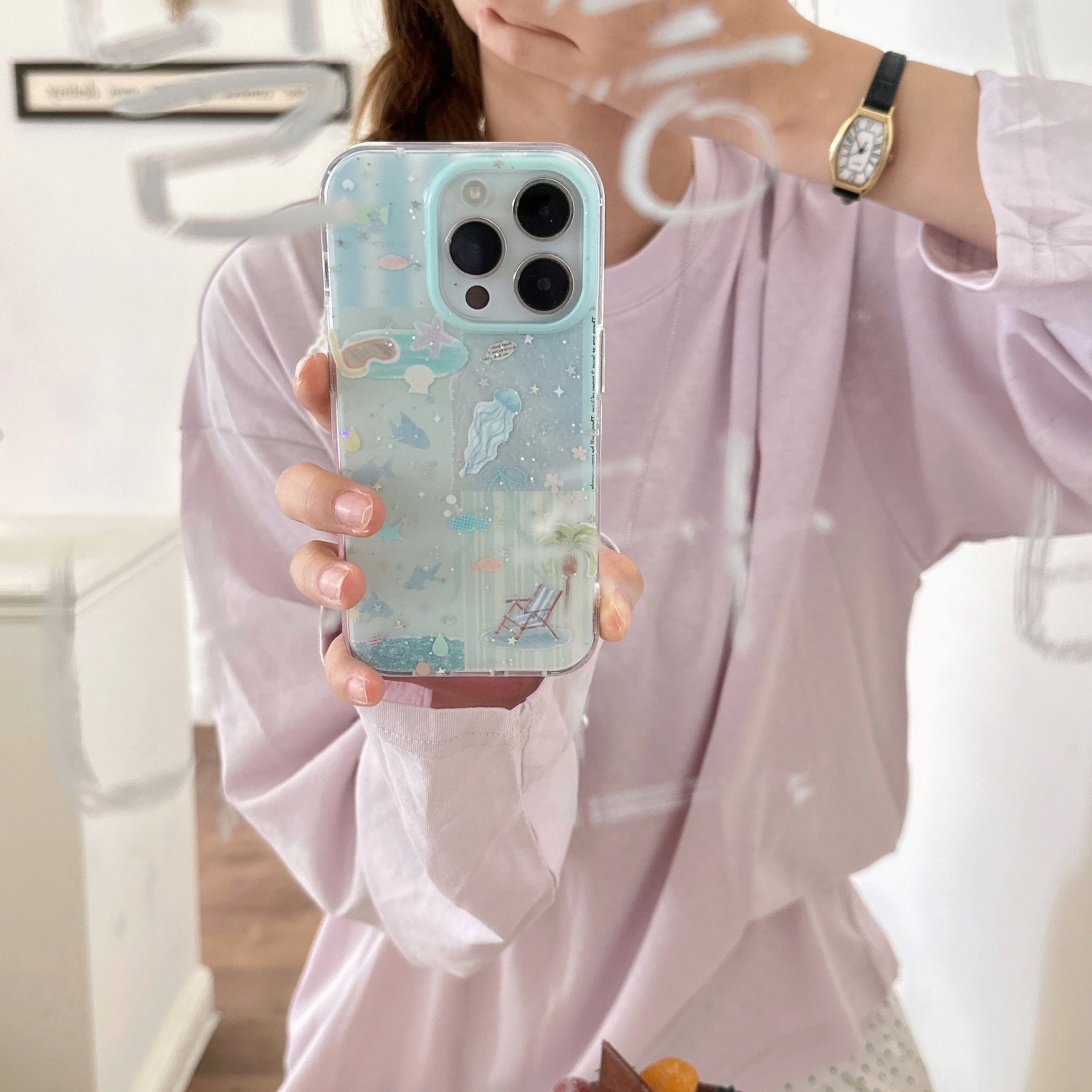 Divertido brillo azul costura medusa para Apple 16ProMax funda para teléfono móvil 15Pro Summer 14/13 Mujer 15