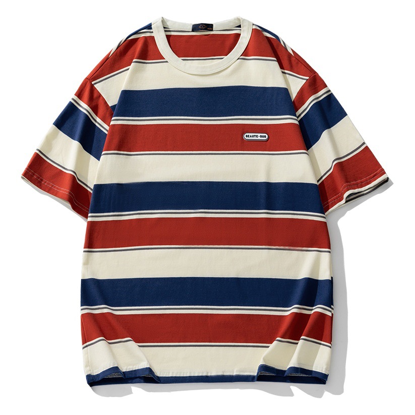 Camiseta de pareja a rayas para hombres japoneses de estilo coreano para hombres y mujeres 2024 moda de verano nueva camiseta de manga corta de color de contraste Suelto