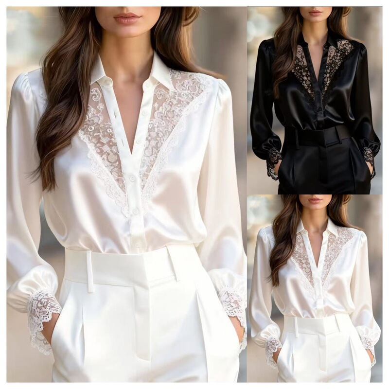 2025 Amazon Wish Independent Station Spring and Autumn Design Niche Lace V-Neck Puff Sleeve Top Shirt for Women 2025 Amazon Wish Independent Station Spring and Autumn Design Niche Lace V-Neck Puff Sleeve Top Shirt for Women