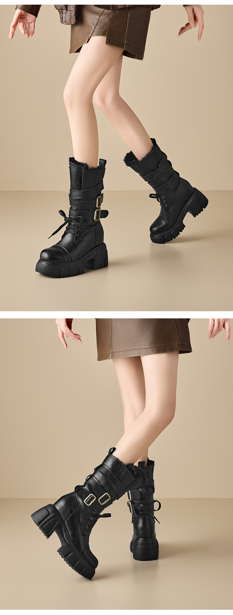 Boot cổ trung nữ gót vuông 10cm phong cách biker khóa thắt lưng — nhung nâu chi tiết 7