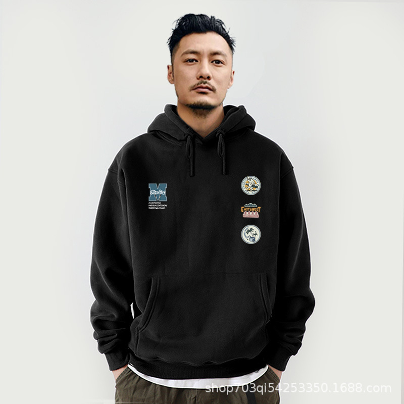 Velvet Pure Color Round Neck Autumn and Winter Trendy Versatile Hooded Sweatshirt Thickeneded Loose Long-Sleeved Hoodie Huami 380g