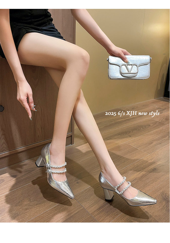 Giày cao gót nữ mũi nhọn gót 6–8 cm khóa đôi da mềm — Màu bạc, Màu trắng be chi tiết 12