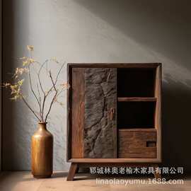 中式老榆木餐边柜客厅装饰老门板茶水柜实木储物柜靠墙玄关柜书架