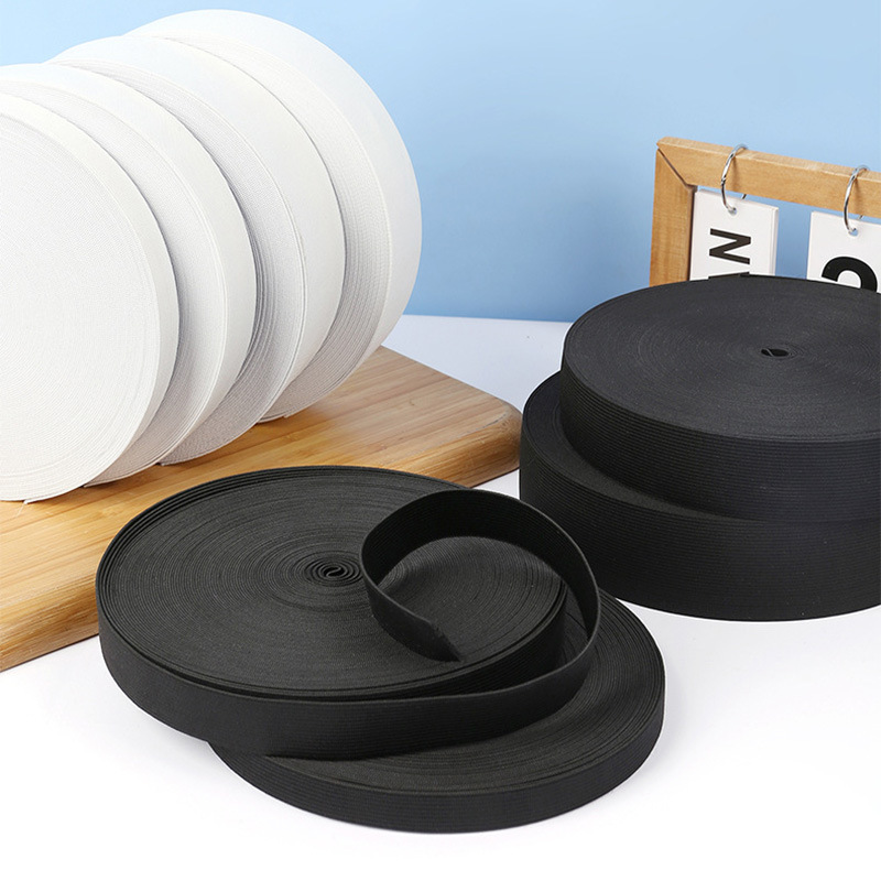 跨境批发黑色白色针织钩编松紧带黑色白色2cm薄款乳胶弹力扁橡筋