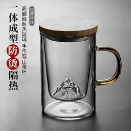 水杯茶水分离泡茶杯过滤木盖玻璃办公室男女茶道杯高硼硅关山杯
