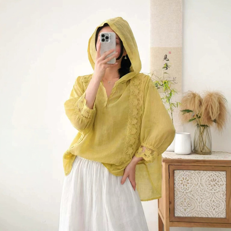 Hooded ramie lace spliced sunscreen shirt 2026, artistic and simple design, lightweight, breathable, versatile top for women Hooded ramie lace spliced sunscreen shirt 2026, artistic and simple design, lightweight, breathable, versatile top for women