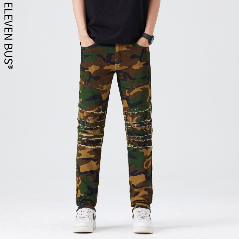 High Street Trendy Brand Personalized Splicing Men's Camouflage Jeans American Retro Stretch Slim Workwear Denim Trousers for Men High Street Trendy Brand Personalized Splicing Men's Camouflage Jeans American Retro Stretch Slim Workwear Denim Trousers for Men